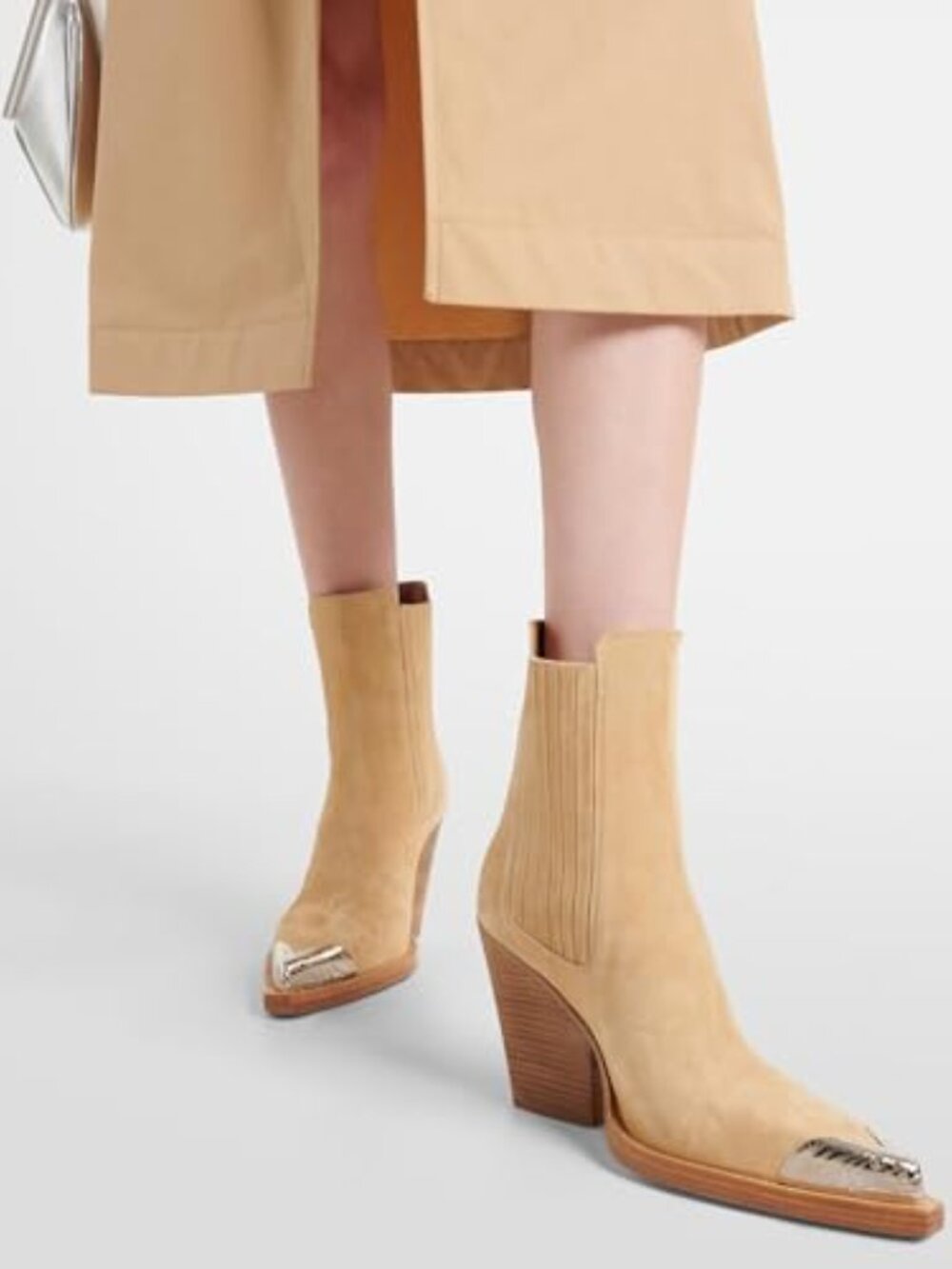 Suede Western Cowboy Ankle Boots Pointed Toe Stacked Block Heel Slip On Booties - Picture 7 of 7